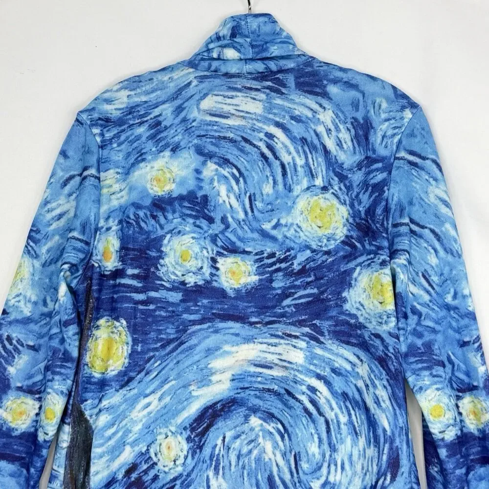 Starry Night Print Open Front Cardigan Women Size M Blue Art Knit